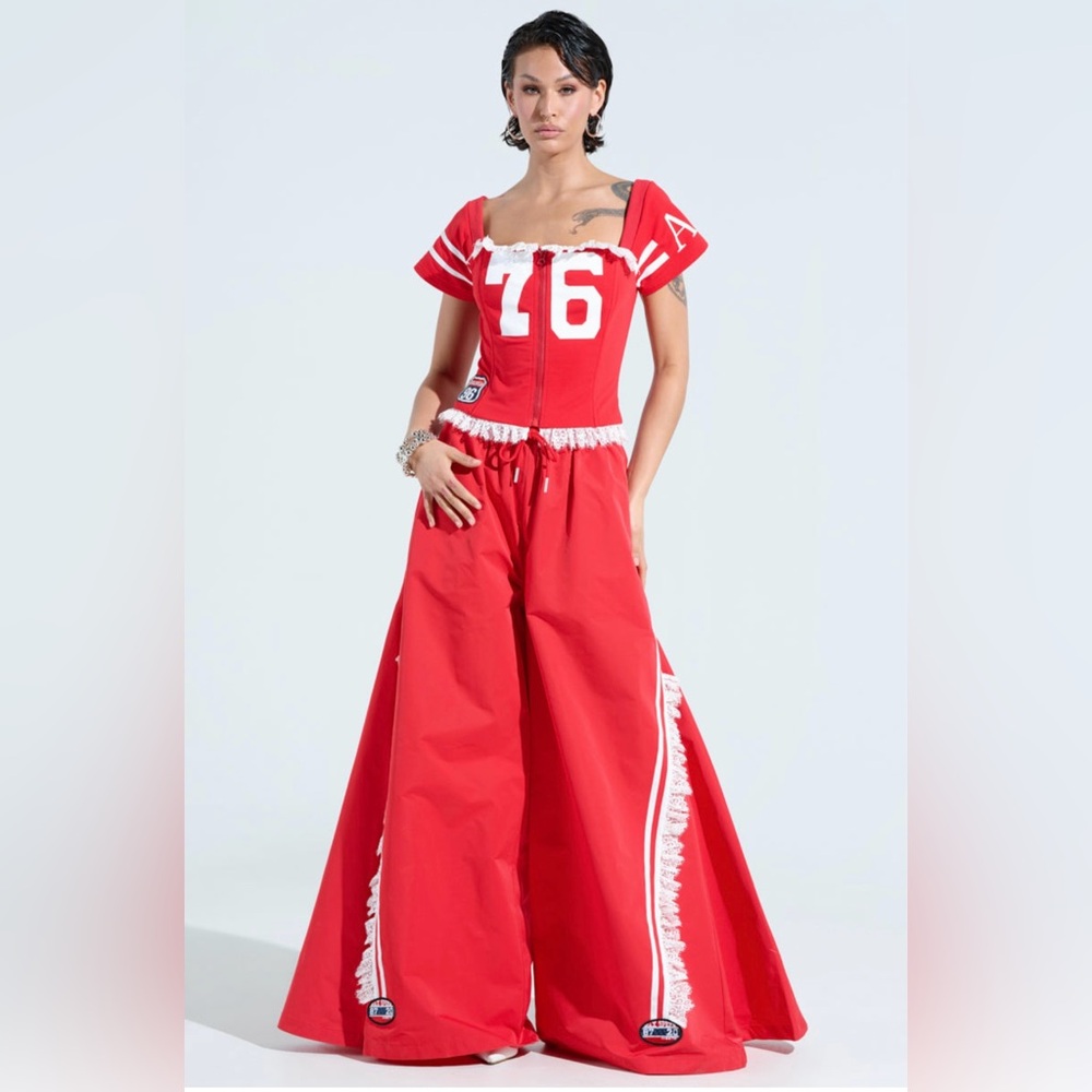 Red Number 76 Dress with White Details.